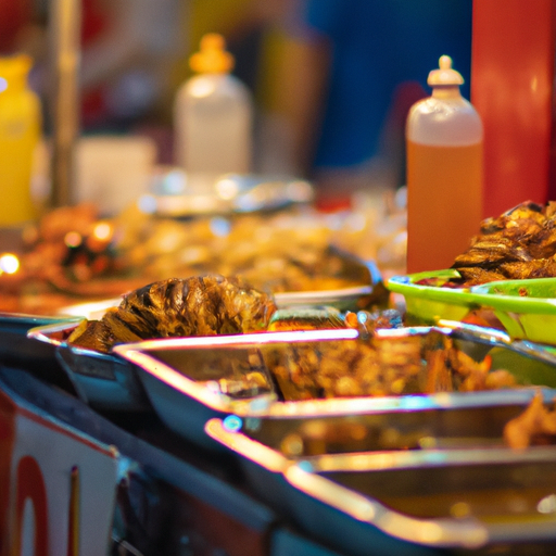 מגוון מנות אוכל רחוב תאילנדי מעוררות תיאבון המוצגות בשוק לילה שוקק.